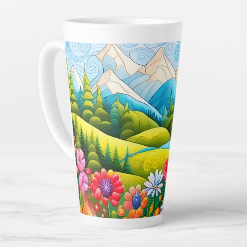 Playful Mountain Meadow with Flowers and Stream Latte Mug