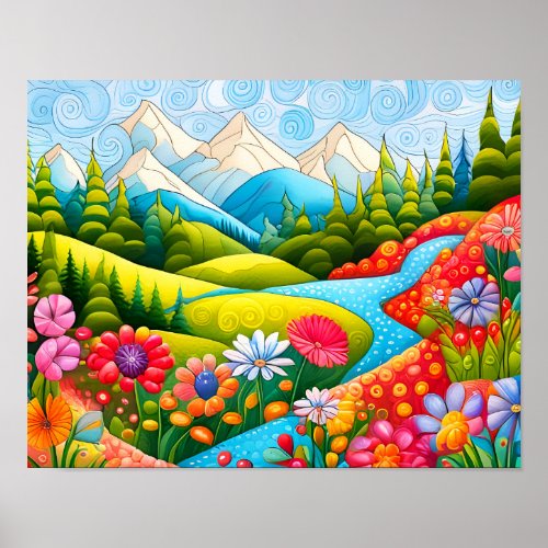 Playful Mountain Meadow with Flowers and Stream Poster