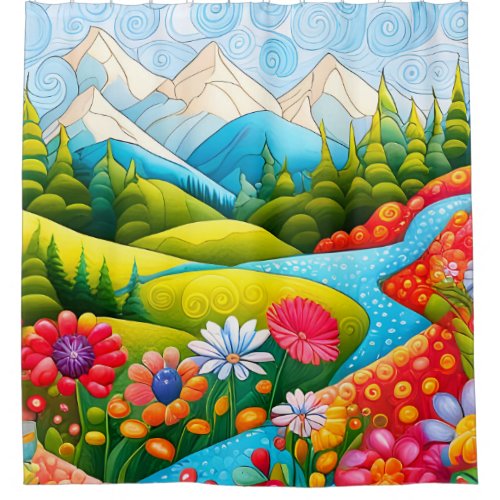 Playful Mountain Meadow with Flowers and Stream Shower Curtain