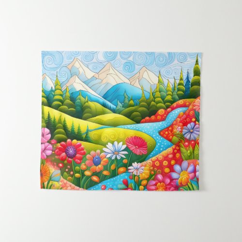 Playful Mountain Meadow with Flowers and Stream Tapestry