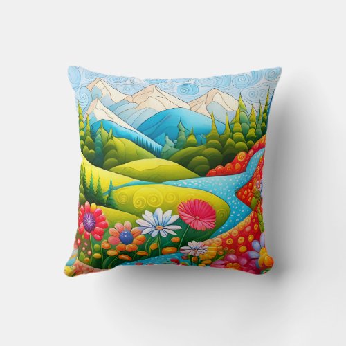 Playful Mountain Meadow with flowers and stream Throw Pillow