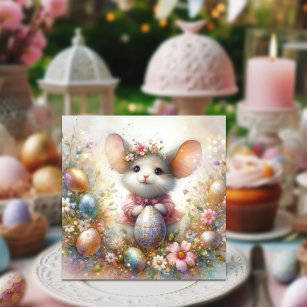 Playful Mouse in Blooming Easter Garden Holiday Card