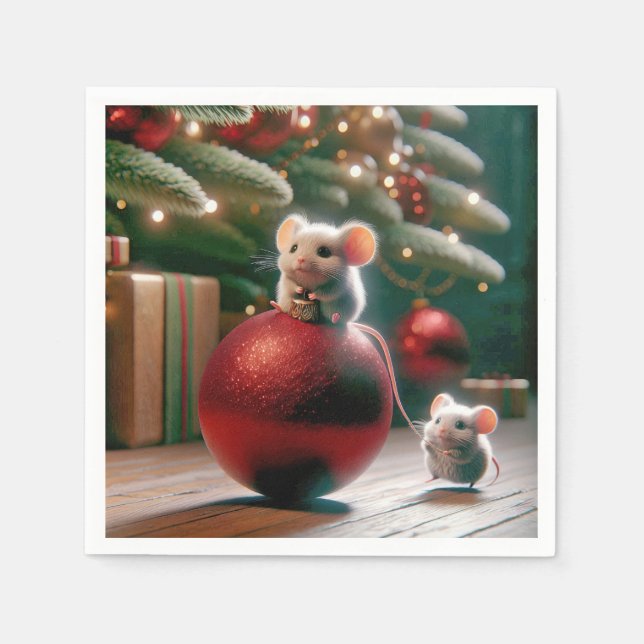 Playful Mouse On Red Christmas Ornament Napkins (Front)