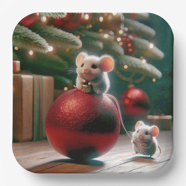 Playful Mouse On Red Christmas Ornament Paper Plates (Front)
