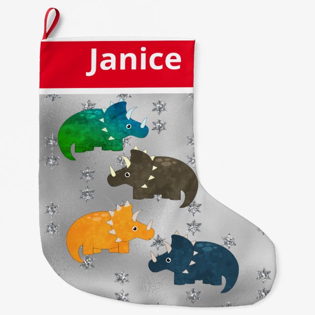 Playful Multicolor Dinosaurs on Silver Large Christmas Stocking (Front)