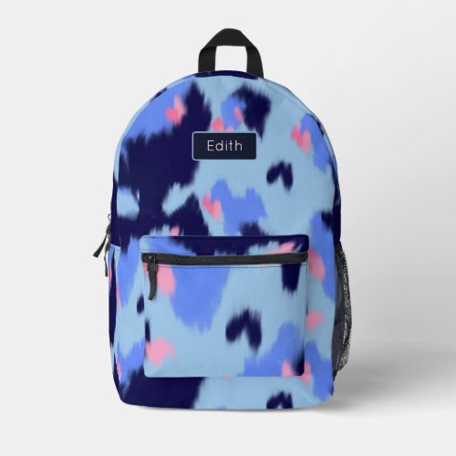 Playful navy and blue and pink pattern with name printed backpack