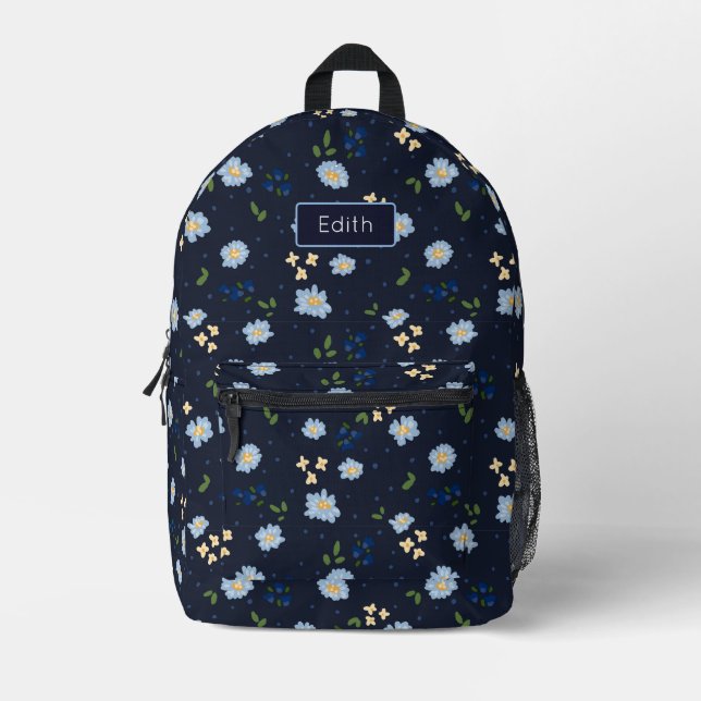 Playful navy and blue flower pattern with name printed backpack (Front)