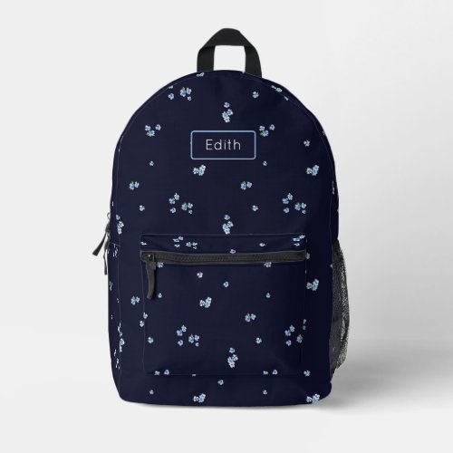 Playful navy and blue flower pattern with name printed backpack