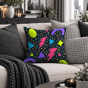 Playful Neon Abstract Shapes Black Pillow Design