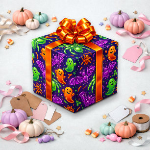 Playful Neon Halloween Ghost Pattern Design Wrapping Paper
