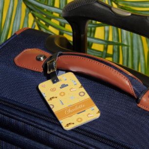 Playful NYC Icons Pattern Yellow Name  Luggage Tag
