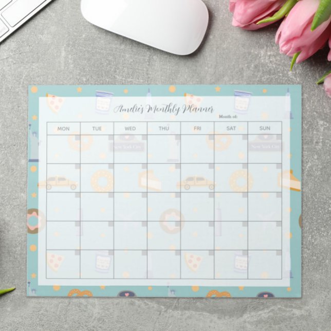 Playful NYC Pattern Turquoise Monthly Planner Name Notepad (Creator Uploaded)