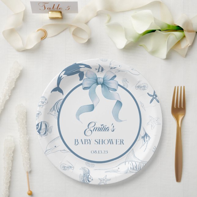 Playful Ocean Blue Sea Life Baby Shower Paper Plates (Wedding)