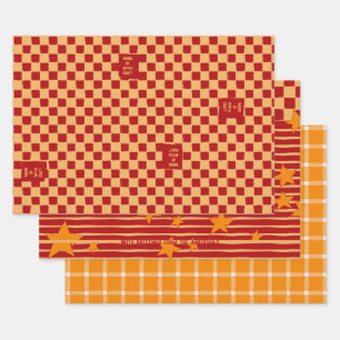 Playful Ochre & Red Vintage Stars & Checkerboard Wrapping Paper Sheets