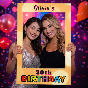Playful Orange 30th Birthday Party Custom Name Selfie Frame