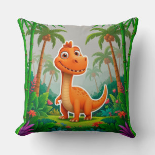 Playful Orange Dinosaur in Lush Jungle Setting Throw Pillow