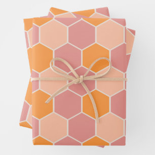 Playful Orange & Pink Sunny Honey Bee Hexagon Wrapping Paper Sheets