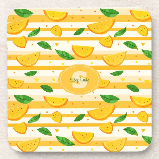 Playful Orange Slice Pattern with Green Leaves Beverage Coaster (Front)
