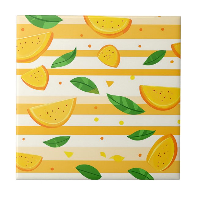 Playful Orange Slice Pattern with Green Leaves Ceramic Tile (Front)