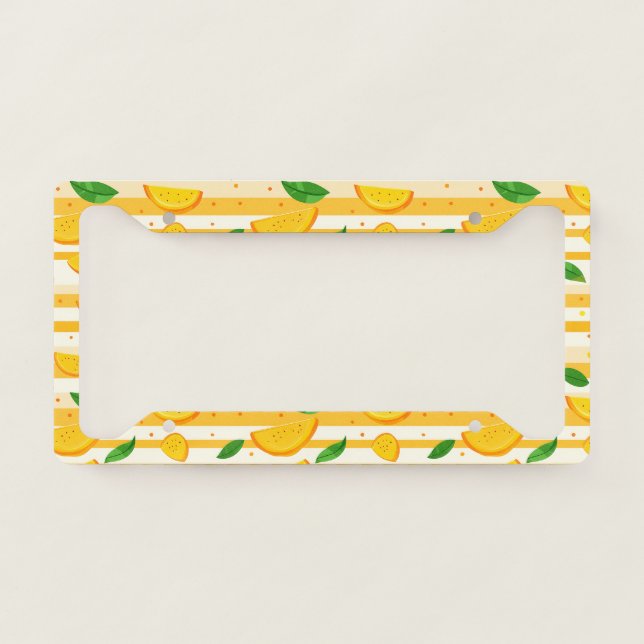 Playful Orange Slice Pattern with Green Leaves License Plate Frame (Front)