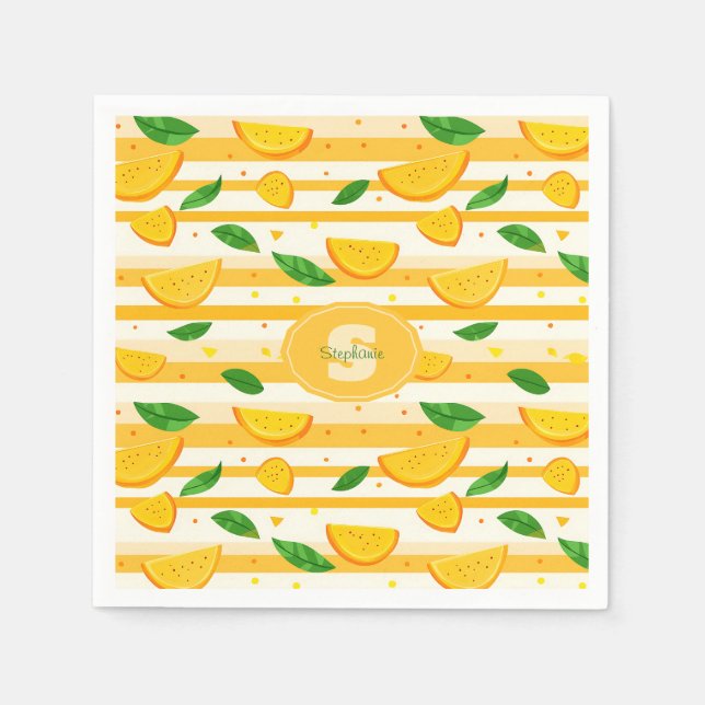 Playful Orange Slice Pattern with Green Leaves Napkins (Front)
