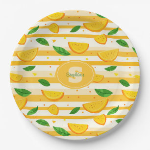 Playful Orange Slice Pattern with Green Leaves Paper Plates