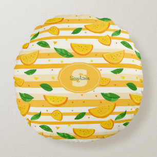 Playful Orange Slice Pattern with Green Leaves Round Pillow