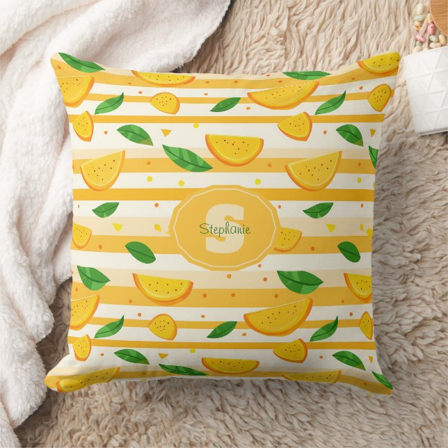 Playful Orange Slice Pattern with Green Leaves Throw Pillow (Blanket)