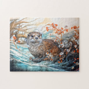 Playful otter in pond with reflections jigsaw puzzle