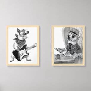 Playful pals: chihuahua and bull terrier handdrawn wall art sets