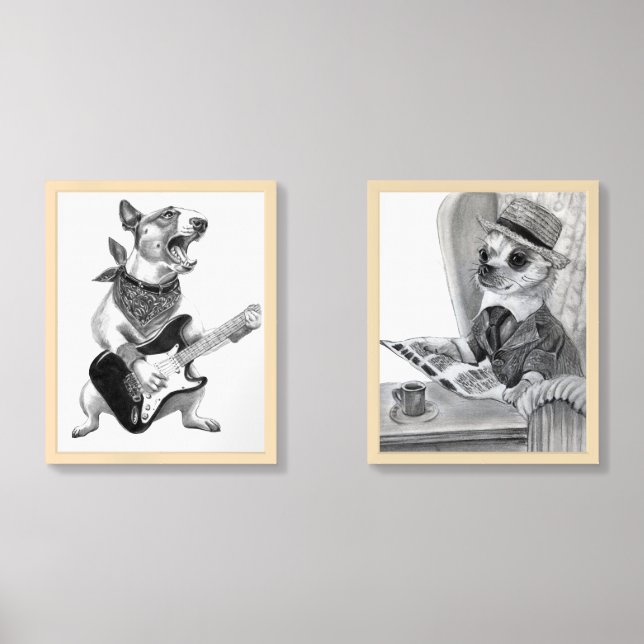 Playful pals: chihuahua and bull terrier handdrawn wall art sets (Front)