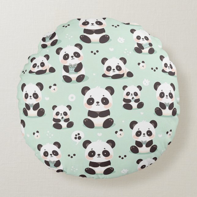Playful Panda Pattern Round Pillow (Front)