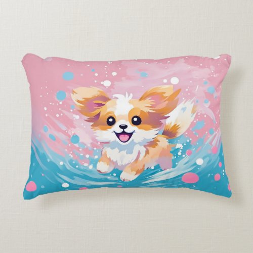 Playful Papillon Pup Splash of Pink and Blue Accent Pillow