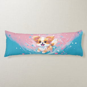 Playful Papillon Pup: Splash of Pink and Blue Body Pillow