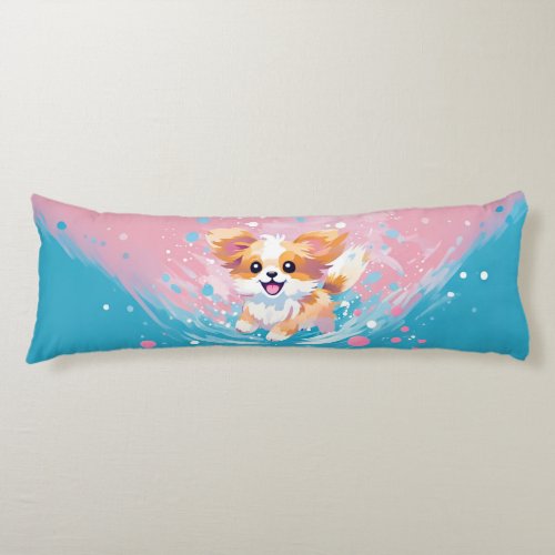 Playful Papillon Pup Splash of Pink and Blue Body Pillow