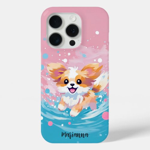 Playful Papillon Pup Splash of Pink and Blue iPhone 15 Pro Case