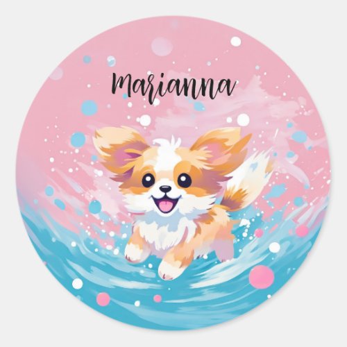 Playful Papillon Pup Splash of Pink and Blue Classic Round Sticker