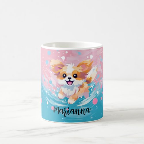 Playful Papillon Pup Splash of Pink and Blue Coffee Mug