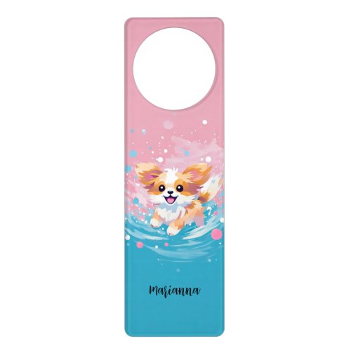 Playful Papillon Pup Splash of Pink and Blue Door Hanger