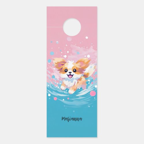 Playful Papillon Pup Splash of Pink and Blue Door Hanger