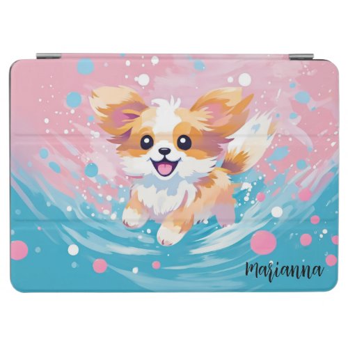Playful Papillon Pup Splash of Pink and Blue iPad Air Cover