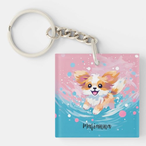 Playful Papillon Pup Splash of Pink and Blue Keychain
