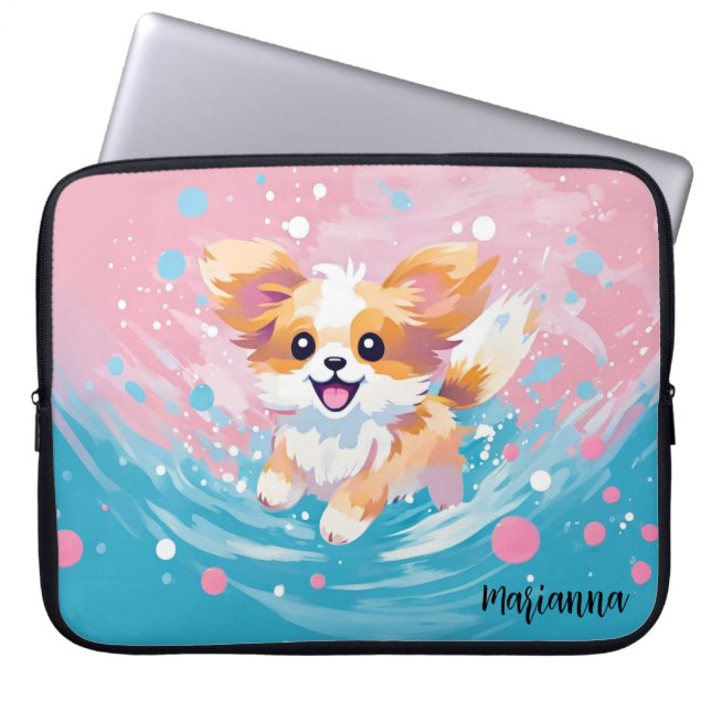 Playful Papillon Pup: Splash of Pink and Blue Laptop Sleeve (Front)