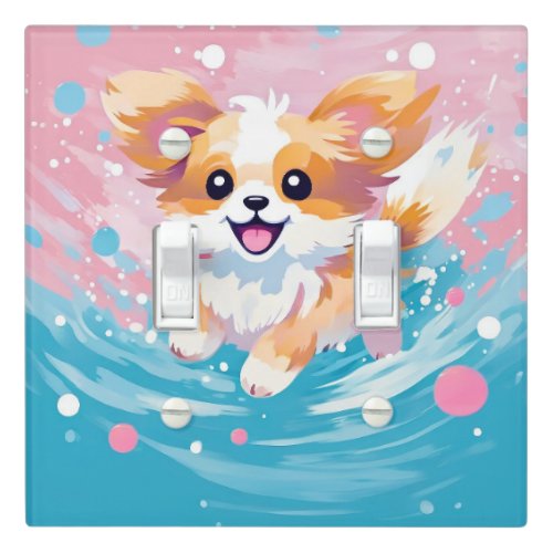 Playful Papillon Pup Splash of Pink and Blue Light Switch Cover