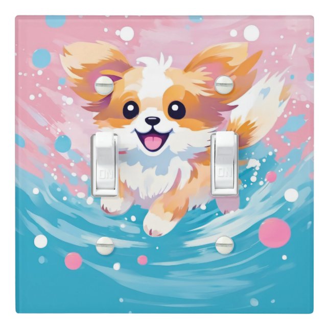 Playful Papillon Pup: Splash of Pink and Blue Light Switch Cover (In Situ)