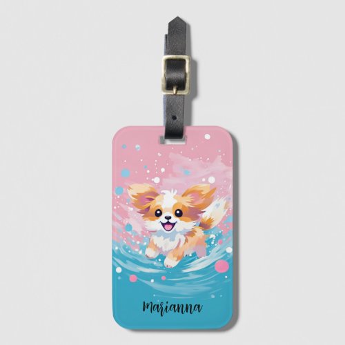 Playful Papillon Pup Splash of Pink and Blue Luggage Tag