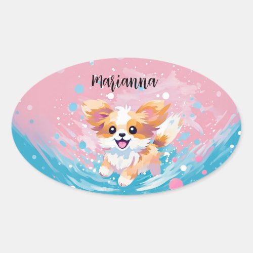 Playful Papillon Pup Splash of Pink and Blue Oval Sticker