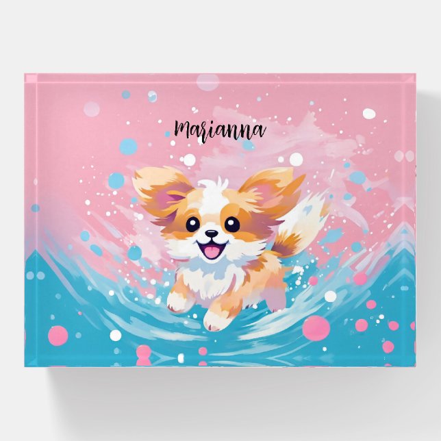 Playful Papillon Pup: Splash of Pink and Blue Paperweight (Front)