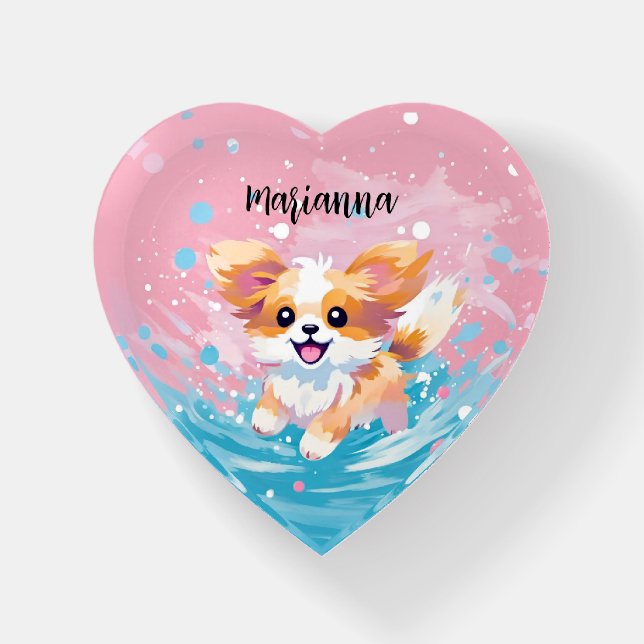 Playful Papillon Pup: Splash of Pink and Blue Paperweight (Front)
