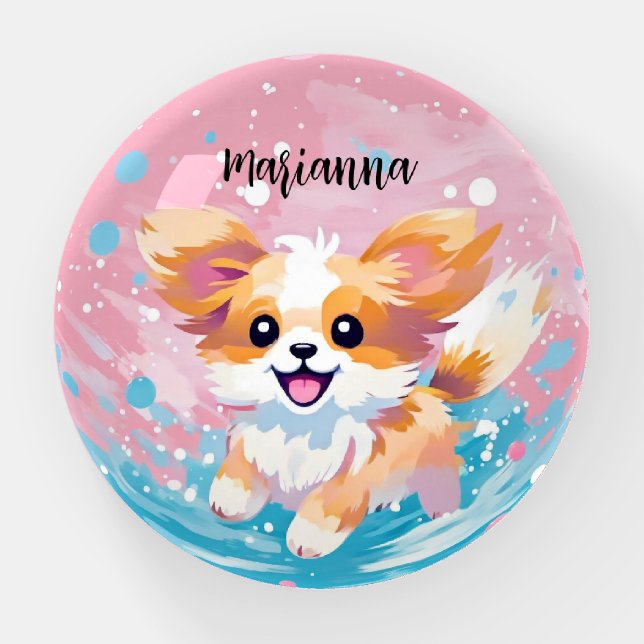 Playful Papillon Pup: Splash of Pink and Blue Paperweight (Front)